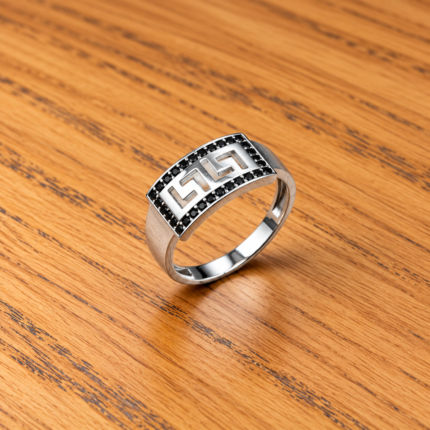 Square Design Black Stone Pure Silver Ring
