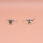 Pure Silver Heart Design Toe Ring with Green & Pink Stones