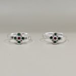 Pure Silver Dual-Tone Toe Ring with Green & Pink Stones