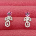 Pure Silver Women’s Floral Drop Earrings with Red & Green Stones