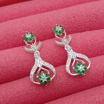 Pure Silver Women’s Floral Drop Earrings with Green Stones – Elegant Sparkle