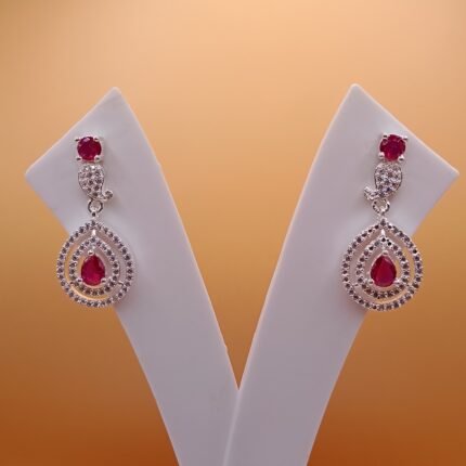 Pure Silver Women’s Teardrop Earrings with Red Stone – Elegant Sparkle Design