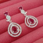 Pure Silver Women’s Teardrop Earrings with Red Stone – Elegant Sparkle Design