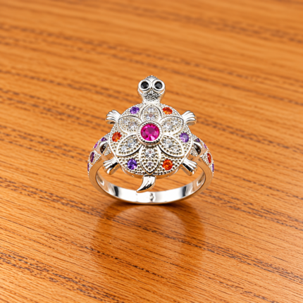 Premium Pure Silver Turtle Ring with Rainbow Stones