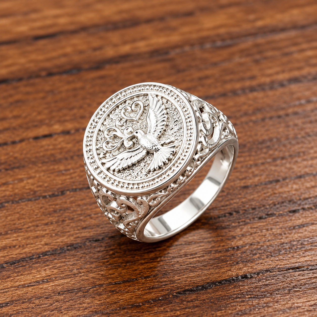 Ornate Dove Relief Signet Ring Pure Silver Men’s Ring