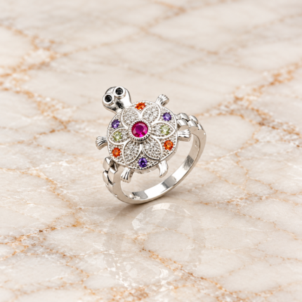 Premium Pure Silver Turtle Ring with Rainbow Stones