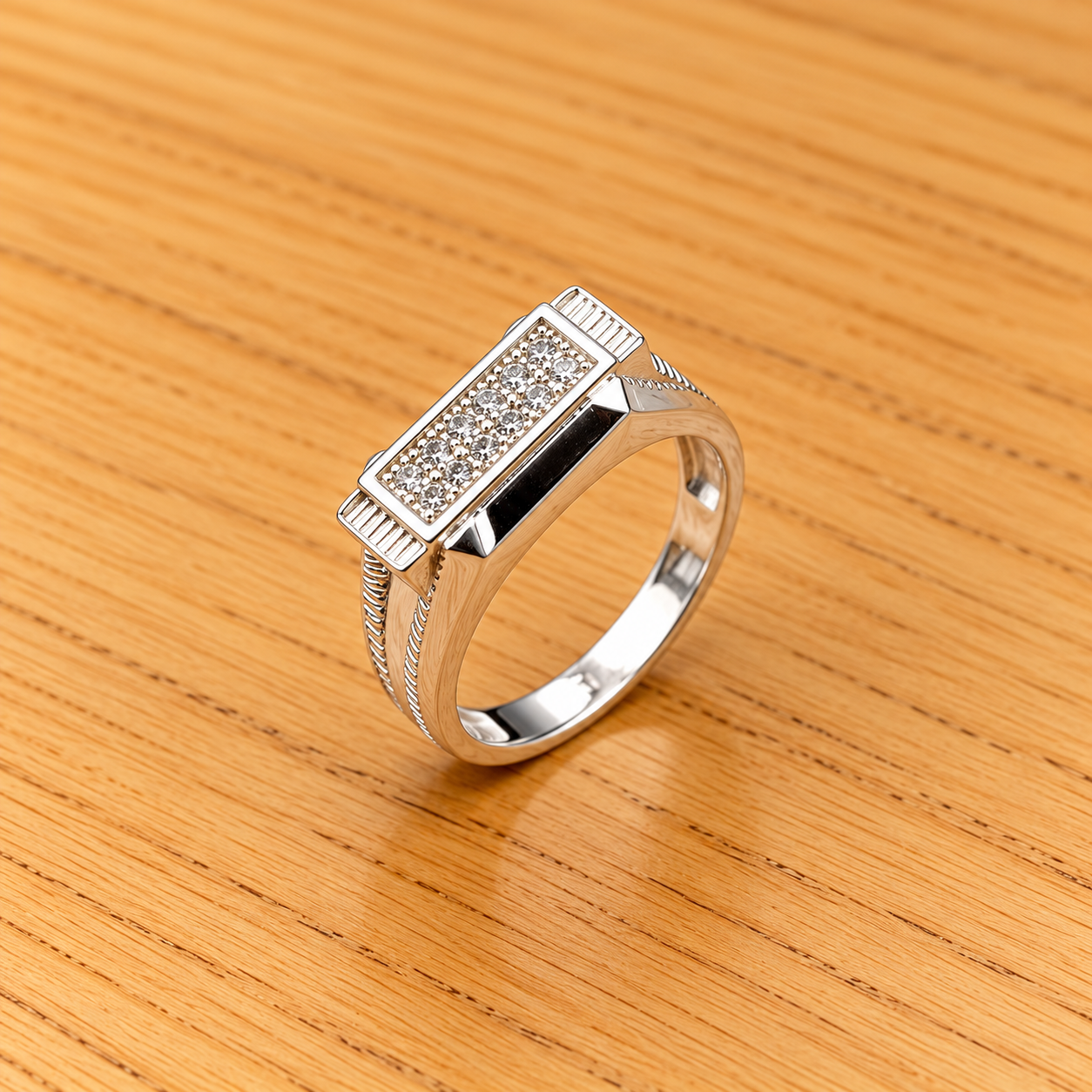 Pavé Silver Ring on Warm Wood Elegant Pure Silver Men’s Geometric Texture Ring