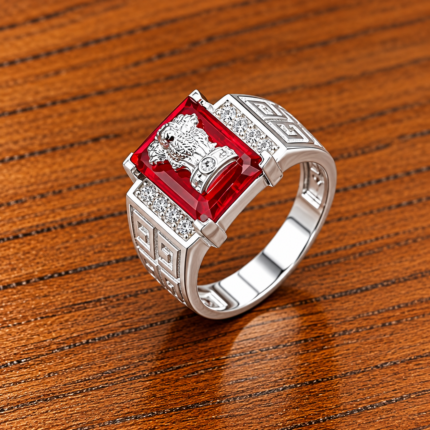 Pure Silver Men’s Ring with Ashoka Emblem & Red Stone
