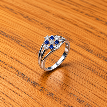 Pure Silver Floral Blue & White Stone Ring