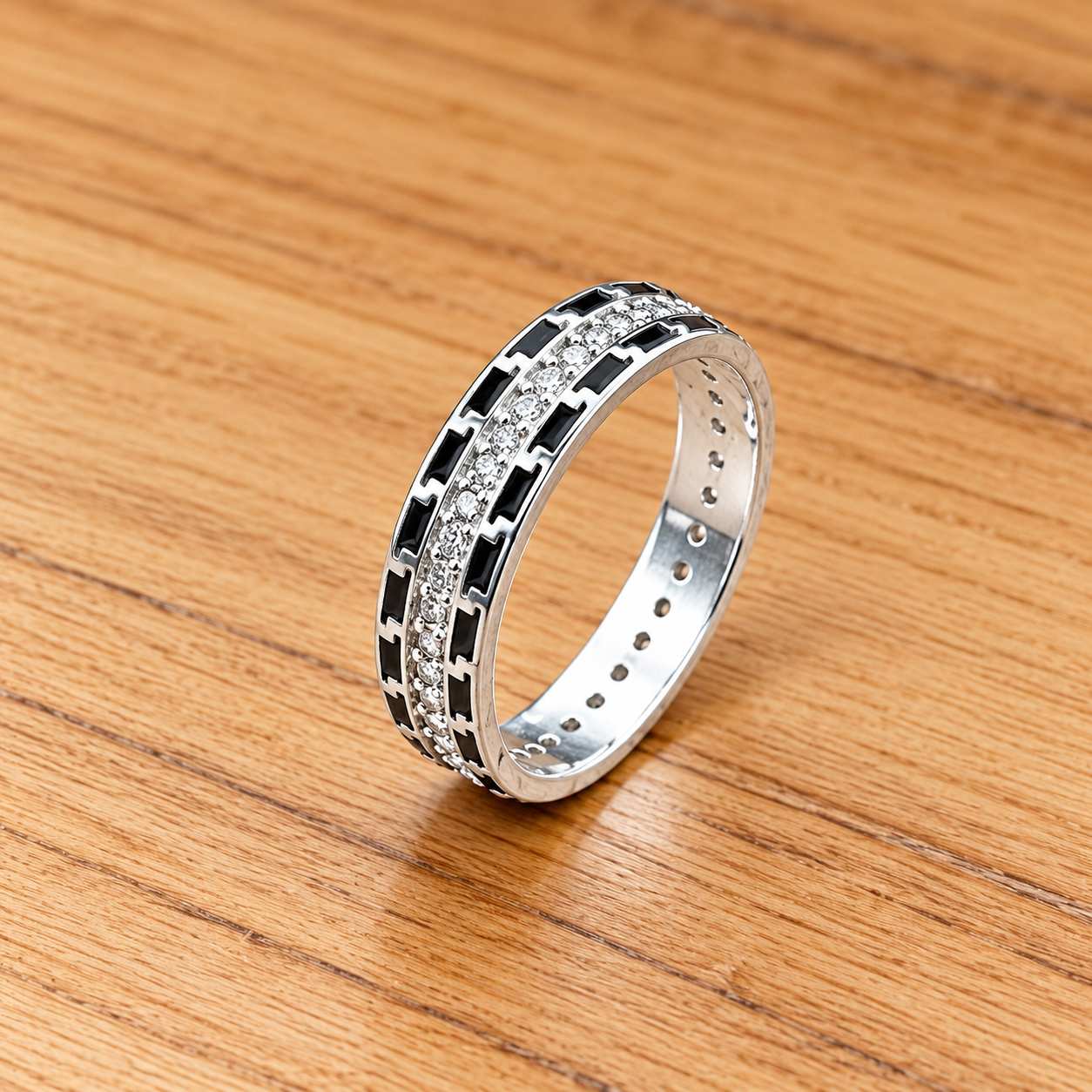 Silver Pavé Ring on Wood Classic Pure Silver Textured Band for Men
