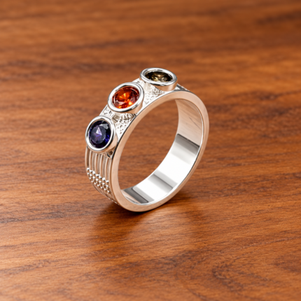 Pure Silver Mens Multicolor Stone Ring (Orange, Purple & Green)