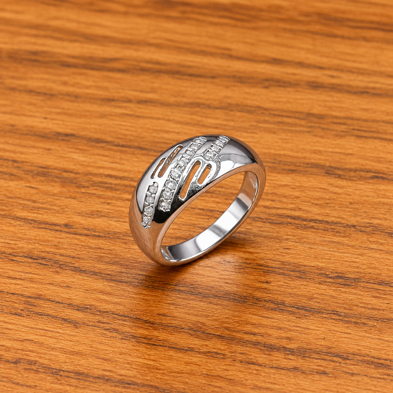 Sparkling Silver Ring on Warm Wood Cut Design Pure Silver Ring