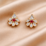 Elegant Gold Polish Earrings Stud Floral with Red Stone Accent