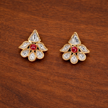 Elegant Gold Polish Earrings Stud Floral with Red Stone Accent