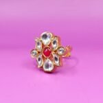 Elegant Floral Golden Polish Ring with Red Stone for Women