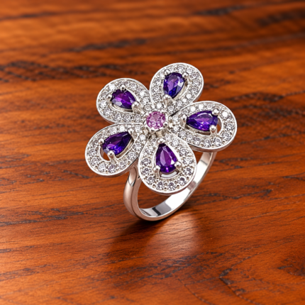 Pure Silver Floral Ring with Purple CZ Stones for Women | Elegant Flower Designer Finger Ring