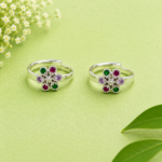 Elegant Floral Pure Silver Adjustable Toe Ring Pair with Ruby & Purple Stone Design