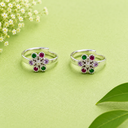 Elegant Floral Pure Silver Adjustable Toe Ring Pair with Ruby & Purple Stone Design