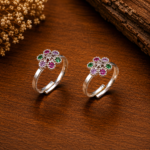 Elegant Floral Pure Silver Adjustable Toe Ring Pair with Ruby & Purple Stone Design