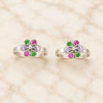 Elegant Floral Pure Silver Adjustable Toe Ring Pair with Ruby & Purple Stone Design