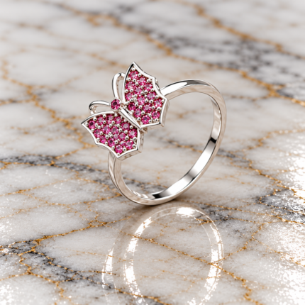 Pure Silver Butterfly CZ Ring for Women | Elegant Ruby Stone Designer Ring