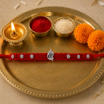 Tridev Ganesh Rakhi Set – Silver Floral Charm Rakhis