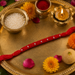Pure Silver Handcrafted Red Thread Rakhi with Silver Beads