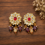 Traditional Kundan Stud Earrings with Red Stone & Beaded Drops | Ethnic Designer Earrings for Women