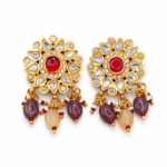 Traditional Kundan Stud Earrings with Red Stone & Beaded Drops | Ethnic Designer Earrings for Women
