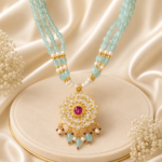 Elegant Silver Kundan Floral Pendant with Aqua Beads & Pearl Drops | Traditional Ethnic Pendant
