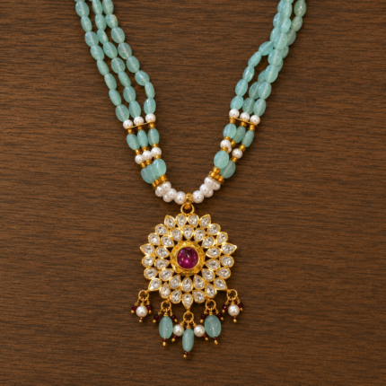 Elegant Silver Kundan Floral Pendant with Aqua Beads & Pearl Drops | Traditional Ethnic Pendant