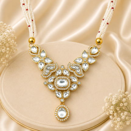 Elegant Silver Kundan Statement Pendant with White Kundan Stones | Handcrafted Traditional Ethnic Pendant