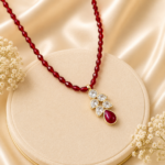 Elegant Silver Kundan Leaf Pendant with Ruby Red Teardrop Stone | Handcrafted Traditional Ethnic Pendant