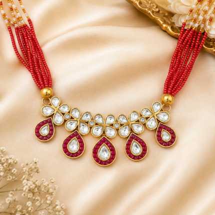 Traditional Kundan Pendant Necklace with Red Beads | Floral Designer Ethnic Jewellery