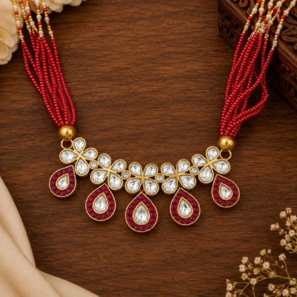 Traditional Kundan Pendant Necklace with Red Beads | Floral Designer Ethnic Jewellery
