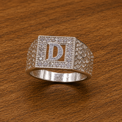 Pure Silver Letter D CZ Signet Ring for Men | Square Initial Finger Ring