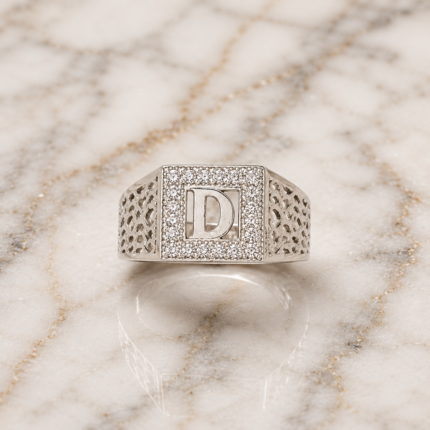 Pure Silver Letter D CZ Signet Ring for Men | Square Initial Finger Ring