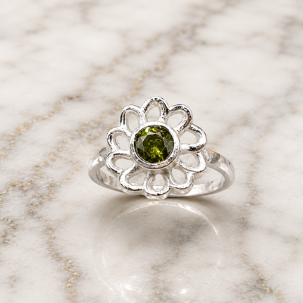 Pure Silver Floral Ring with Green CZ Stone for Women