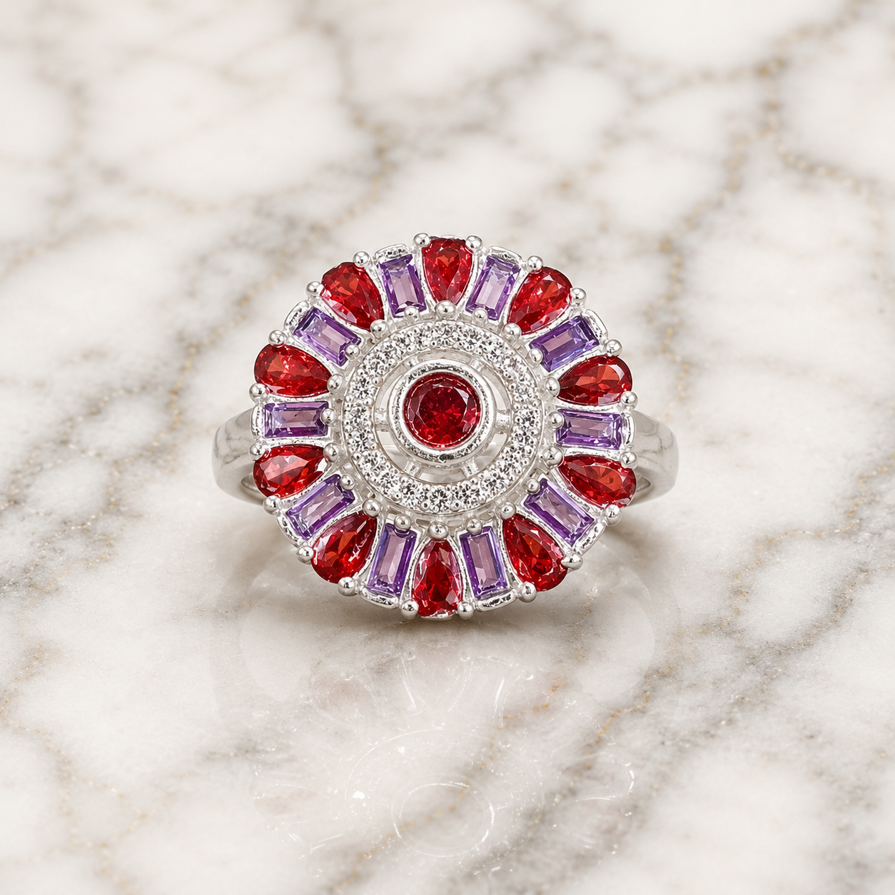 ChatGPT Image Jul 28, 2026, 11_22_05 AM Pure Silver Floral Halo Ring with Red & Purple CZ Stones for Women