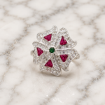 Pure Silver Floral Statement Ring with Ruby Pink & Green CZ Stones for Women