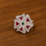 Pure Silver Floral Statement Ring with Ruby Pink & Green CZ Stones for Women