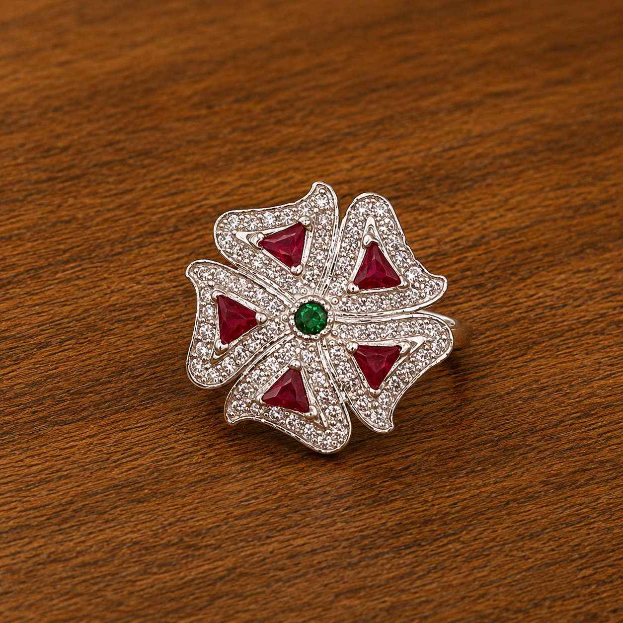 ChatGPT Image Jul 28, 2026, 11_29_27 AM Pure Silver Floral Statement Ring with Ruby Pink & Green CZ Stones for Women
