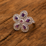 Pure Silver Floral Ring with Purple CZ Stones for Women | Elegant Flower Designer Finger Ring