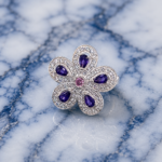 Pure Silver Floral Ring with Purple CZ Stones for Women | Elegant Flower Designer Finger Ring