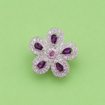Pure Silver Floral Ring with Purple CZ Stones for Women | Elegant Flower Designer Finger Ring