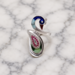 Pure Silver Peacock Adjustable Ring with Enamel & Pink CZ Stones for Women