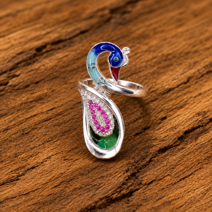 Pure Silver Peacock Adjustable Ring with Enamel & Pink CZ Stones for Women