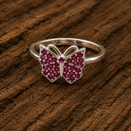 Pure Silver Butterfly CZ Ring for Women | Elegant Ruby Stone Designer Ring