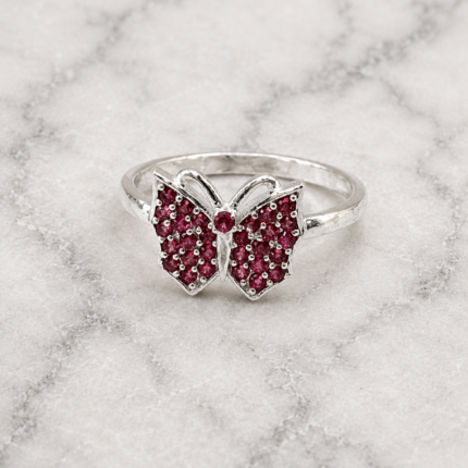 Pure Silver Butterfly CZ Ring for Women | Elegant Ruby Stone Designer Ring