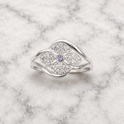 Pure Silver Floral CZ Ring for Women | Elegant Four-Petal Flower Designer Ring